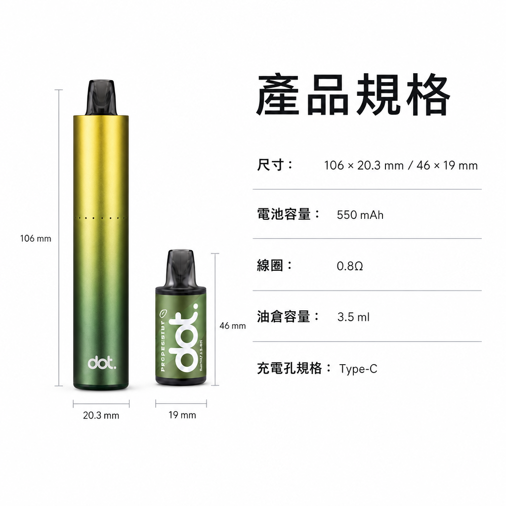 DOT SWITCH 一次性電子煙多款口味包裝與規格色卡對照圖
