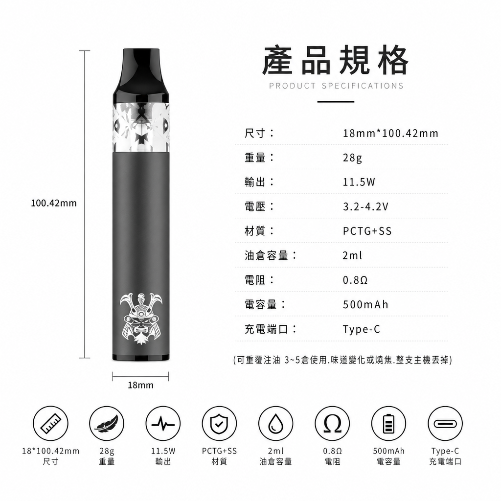 SAMURAI將軍 S1 注油式電子煙多款顏色包裝與規格色卡對照圖